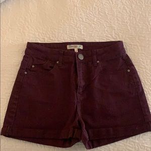 High waisted maroon denim shorts